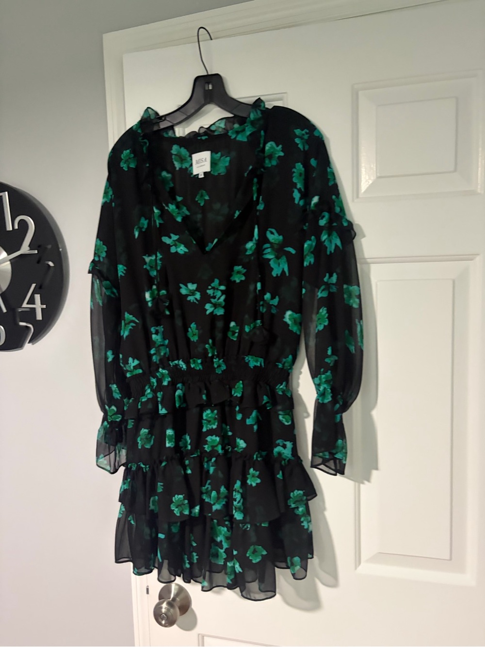 Misa Los Angeles Black Mini Dress with Emerald Floral Print